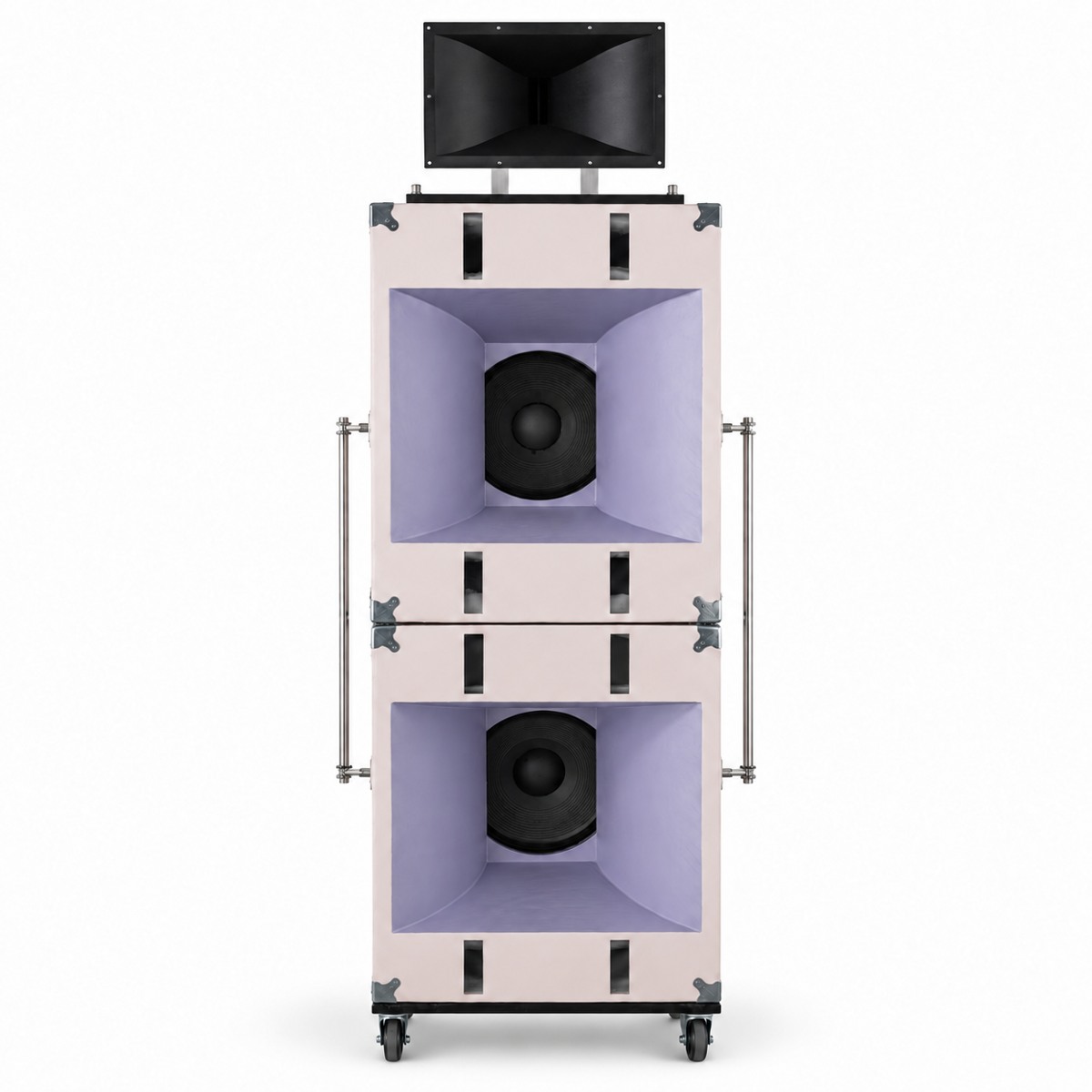 Finished light-colored speaker stack with lavender horn flares, black high-frequency horn, and metal hardware
