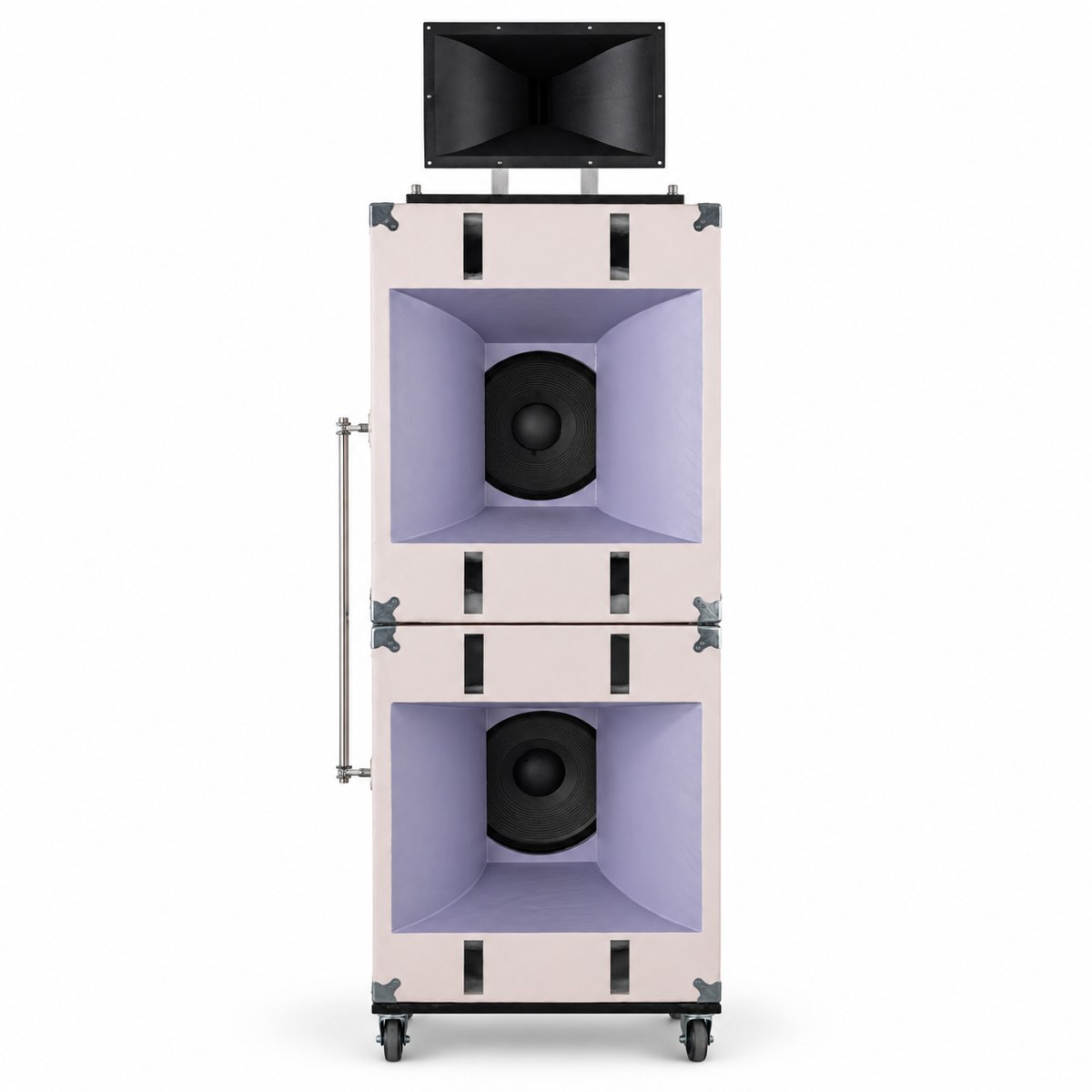 Finished light-colored speaker stack with lavender horn flares, black high-frequency horn, and metal hardware